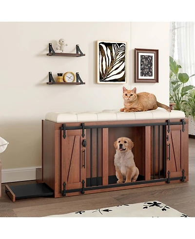 Aostirmotor 56" Walnut 2-in-1 Dog Crate Furniture with Padded Seat and Sliding Barn Door