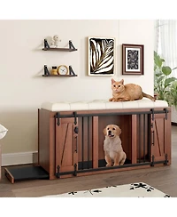 Aostirmotor 56" Walnut 2-in-1 Dog Crate Furniture with Padded Seat and Sliding Barn Door
