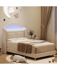 gaomon Princess Twin Velvet Upholstered Bed Frame, Wingback, Led Bookcase Headboard, 2 Pack, No Box Spring Required