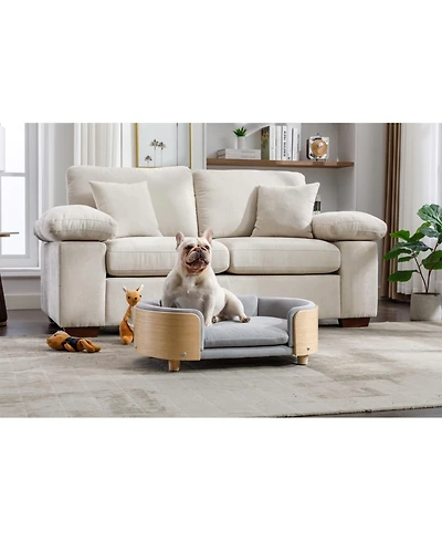 Aostirmotor Mid-Size Light Grey Scandinavian Elevated Dog Bed with Solid Wood Legs and Velvet Cushion