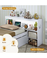 Sugift Bed Frame with Led Lights and Bookcase Headboard