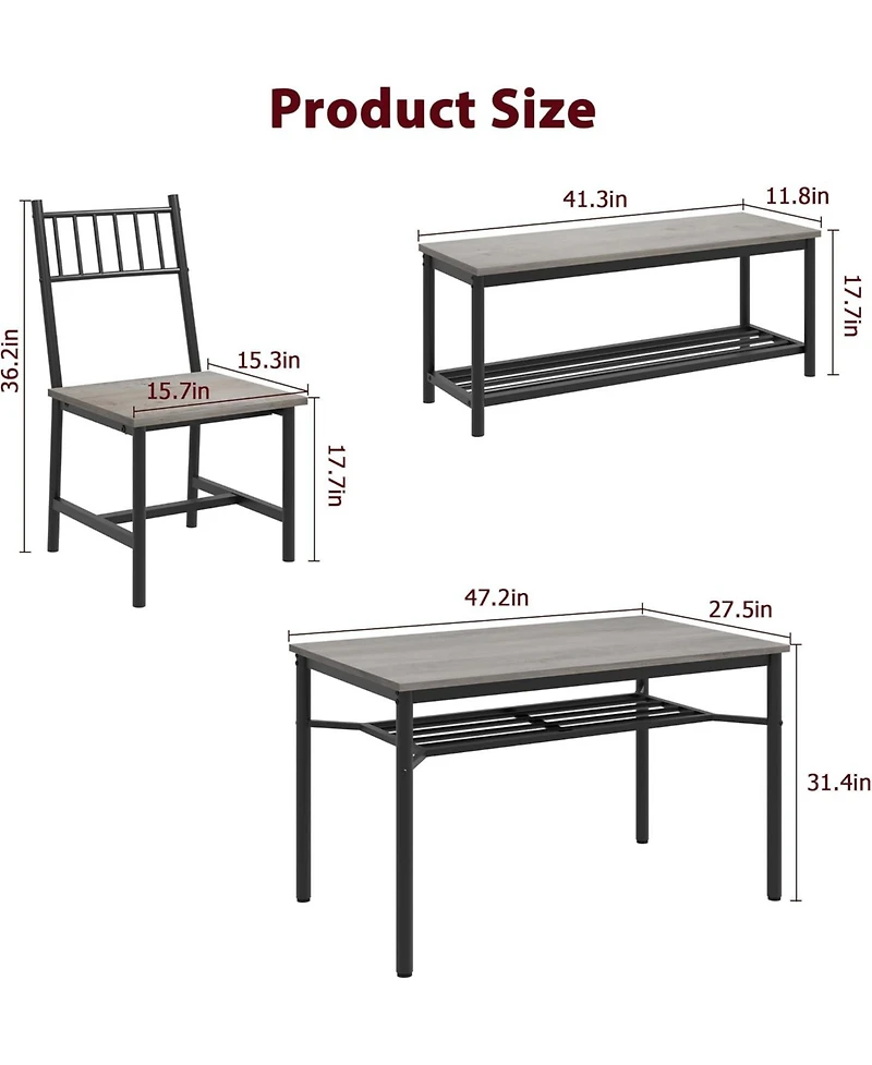 gaomon Farmhouse Dining Table Set for 4, Modern Rectangular Table, 2 Upholstered Chairs, Storage Benches & Rack