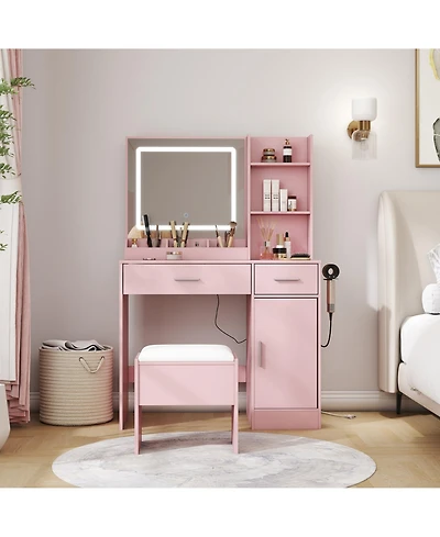 Rainsken Makeup Vanity Table with Led Light Mirror, Charging Station, 2 Drawers and Storage Cabinet