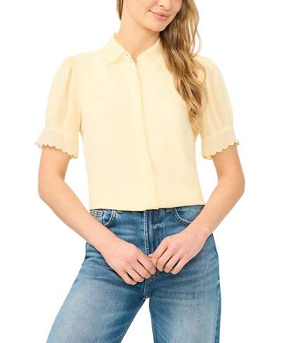 CeCe Women's Scalloped Puff-Sleeve Button-Front Top