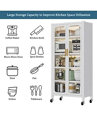 Rainsken 5 Tier Metal Display Storage Cabinet with Transparent Door, Adjustable Shelves and Wheels, Food Pantries Cabinets for Kitchen, Dining Room