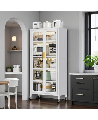 Rainsken 5 Tier Metal Display Storage Cabinet with Transparent Door, Adjustable Shelves and Wheels, Food Pantries Cabinets for Kitchen, Dining Room