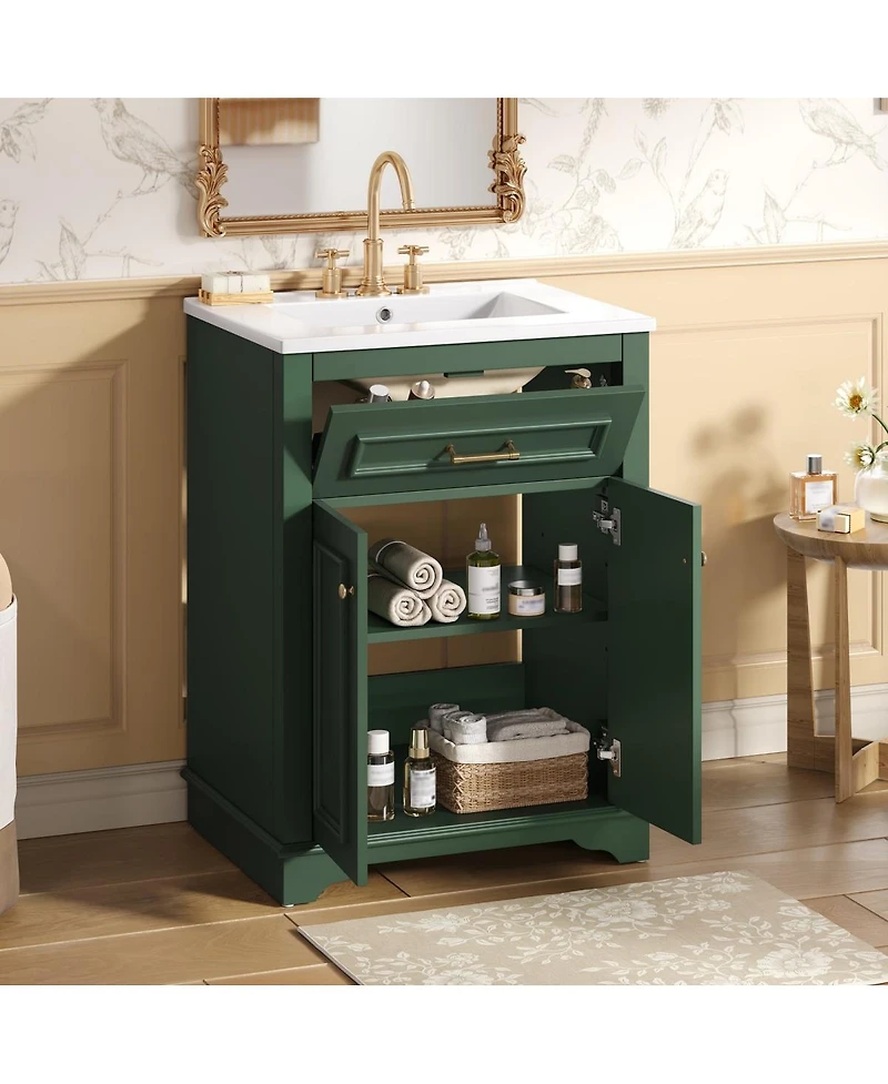 Sillysis 24" Bathroom Vanity with Ceramic Sink, Modern Freestanding Mdf Cabinet, Tip-Out Drawer Soft Close Door for Small Bathrooms