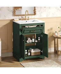 Sillysis 24" Bathroom Vanity with Ceramic Sink, Modern Freestanding Mdf Cabinet, Tip-Out Drawer Soft Close Door for Small Bathrooms