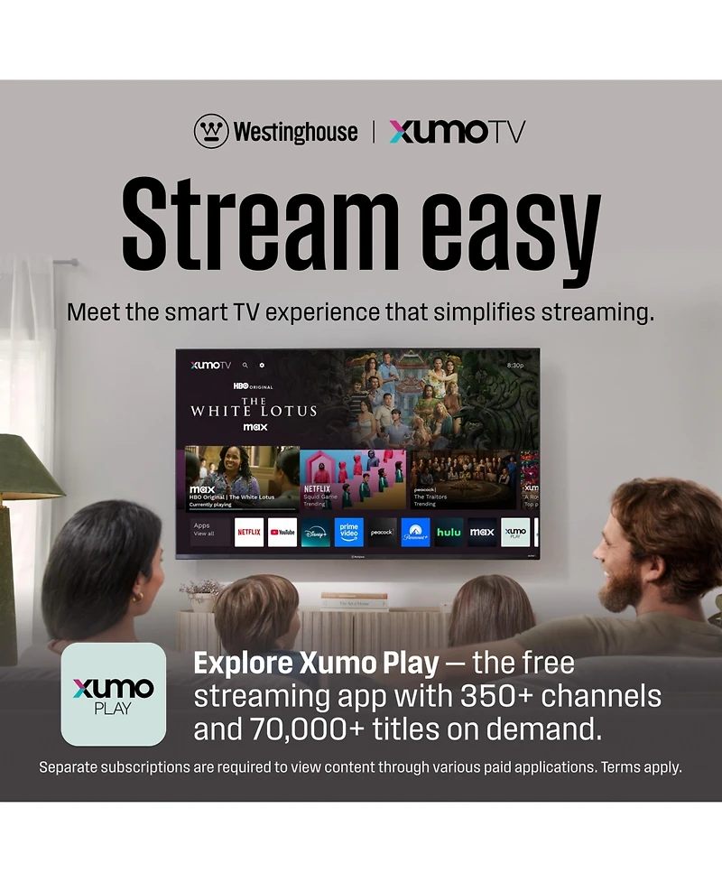 Westinghouse 50" Smart Tv 4K Uhd Xumo Tv with HDR10, Dolby Vision & Atmos, Voice Remote, Bluetooth, Apple AirPlay, Wi-Fi, Edgeless Led Screen, 60