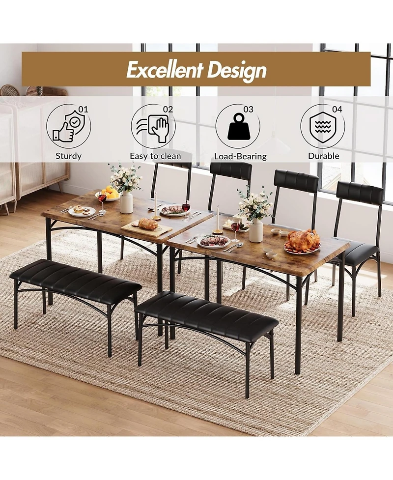 gaomon 5 Piece Dining Set for 4, Rectangular Metal Frame Table with Bench & Upholstered Chairs, Compact Table for Small Spaces