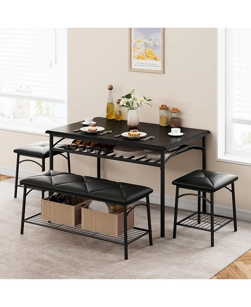 gaomon Industrial 4-Piece Dining Table Set for 4, Wood Tabletop Table, 2 Padded Chairs & Bench, Metal Frame Set with Storage