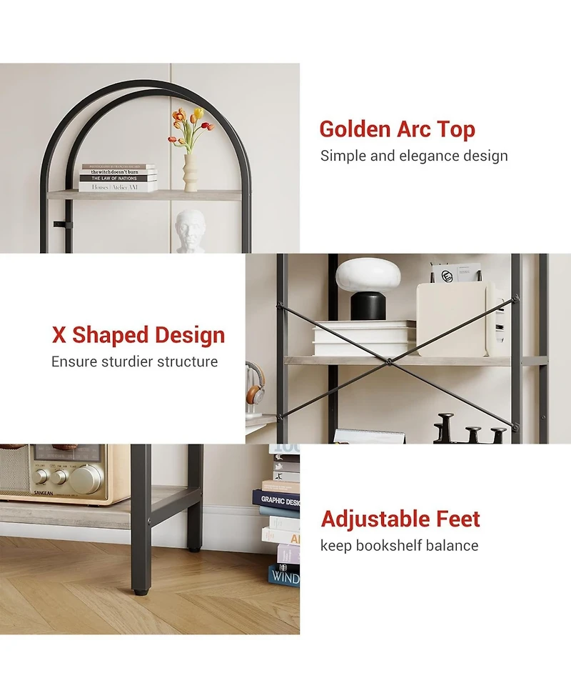 gaomon 5-Tier 70.8" Tall Arched Bookshelf, Open Display Shelf with Metal Frame, Storage Rack for Bedroom or Home.