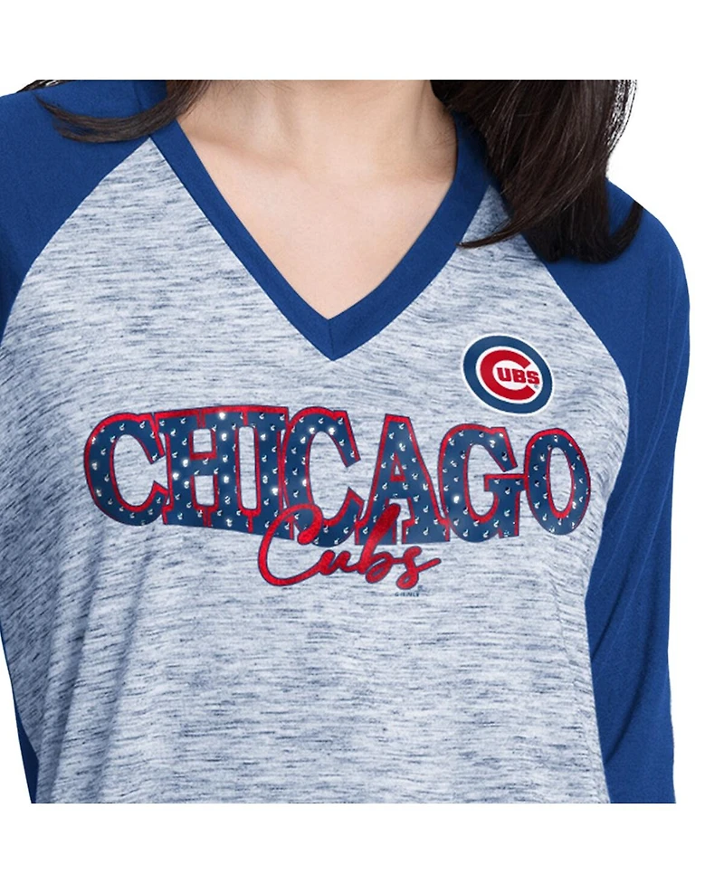 G-iii 4Her by Carl Banks Women's Royal/Heather Gray Chicago Cubs Speed Training 3/4-Sleeve Rhinestone V-Neck T-Shirt