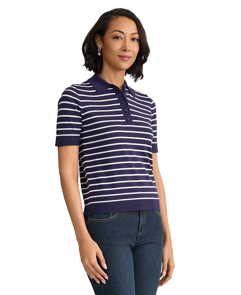 Jones New York Petite Stripped Collared Neck T-Shirt
