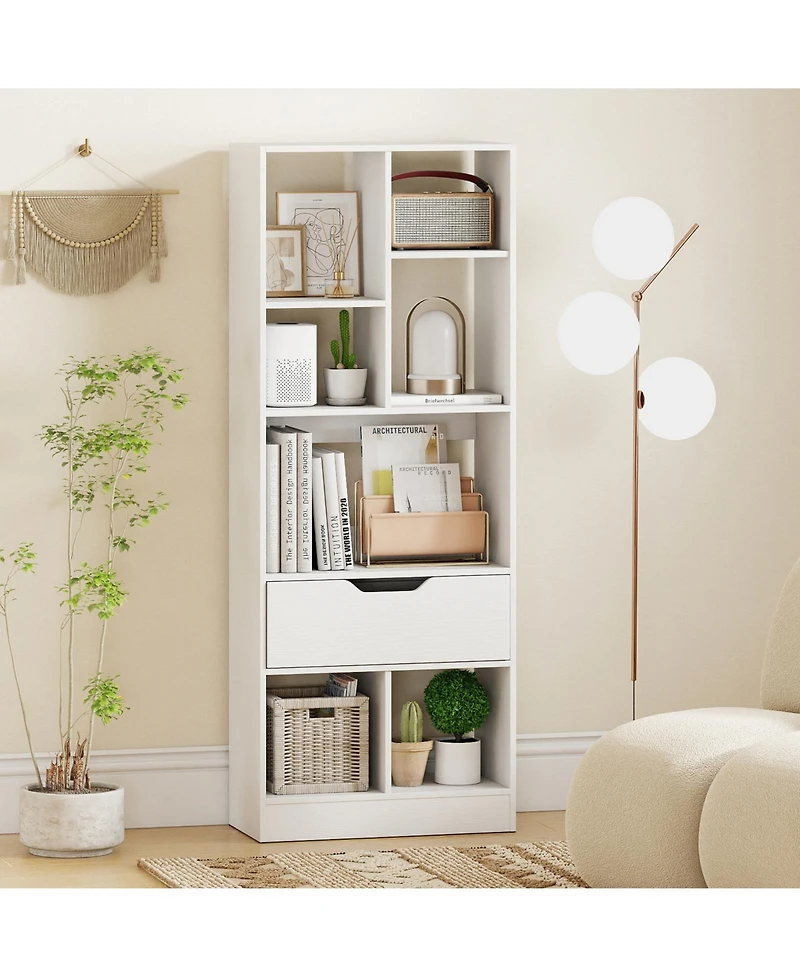 Slickblue 51 Inch Bookcase with Drawer and 7 Storage Compartments