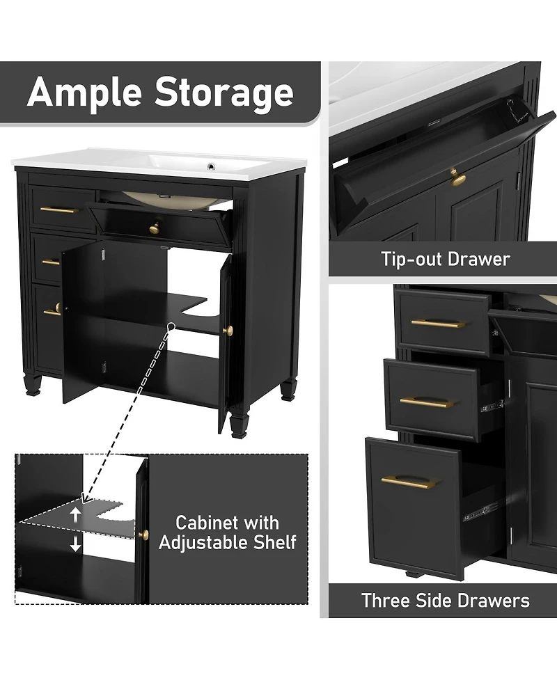 Sillysis 36" Bathroom Vanity with Ceramic Sink, Freestanding Cabinet Tip-Out & Side Drawers, Adjustable Shelf, Modern Storage