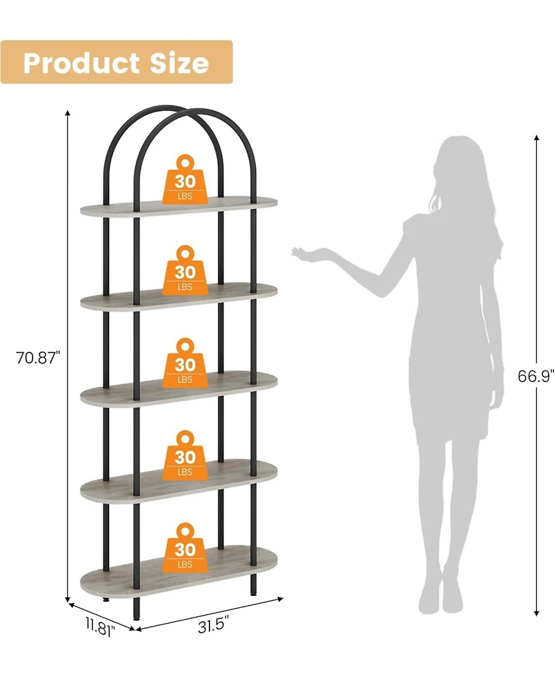 gaomon 71" Arched Bookshelf, 5-Tier Open Bookcase, Freestanding Tall Display Shelf with Metal Frame for Home