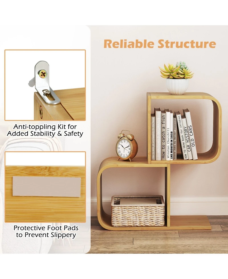 Sugift 2-Tier S-Shaped Bamboo Bookcase with 2 Open Cubes for Living Room