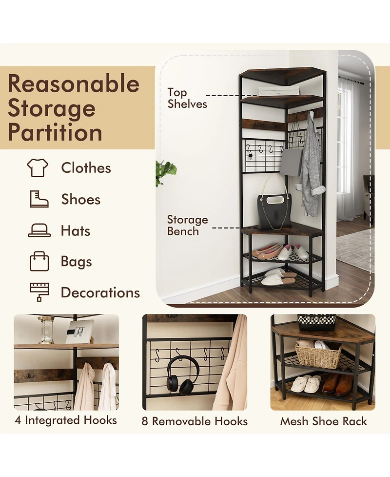 Sugift 5-Tier Corner Hall Tree with Shoe Storage Bench-Rustic