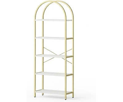 gaomon 5-Tier Modern Arched Bookshelf, Tall Metal Bookcase, Marble Veneer, Vertical Display for Office or Living Room