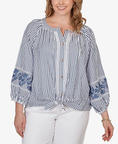 Ruby Rd. Plus Embroidered Seersucker Tie-Front Henley Top