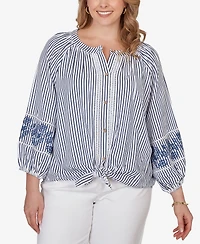 Ruby Rd. Plus Embroidered Seersucker Tie-Front Henley Top