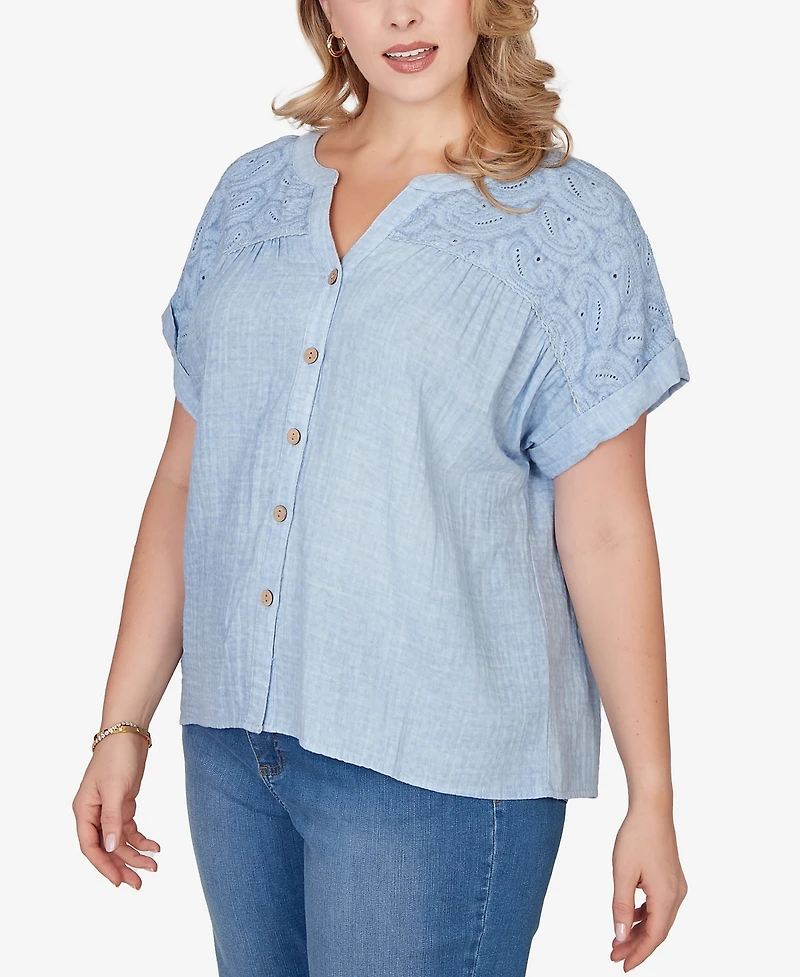 Ruby Rd. Plus Paisley Embroidered Gauze Button T-Shirt