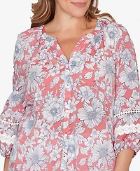 Ruby Rd. Plus Floral Silky Gauze Peasant Button Front Top