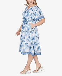 Ruby Rd. Plus Floral Toile Tie-Waist Tiered Dress