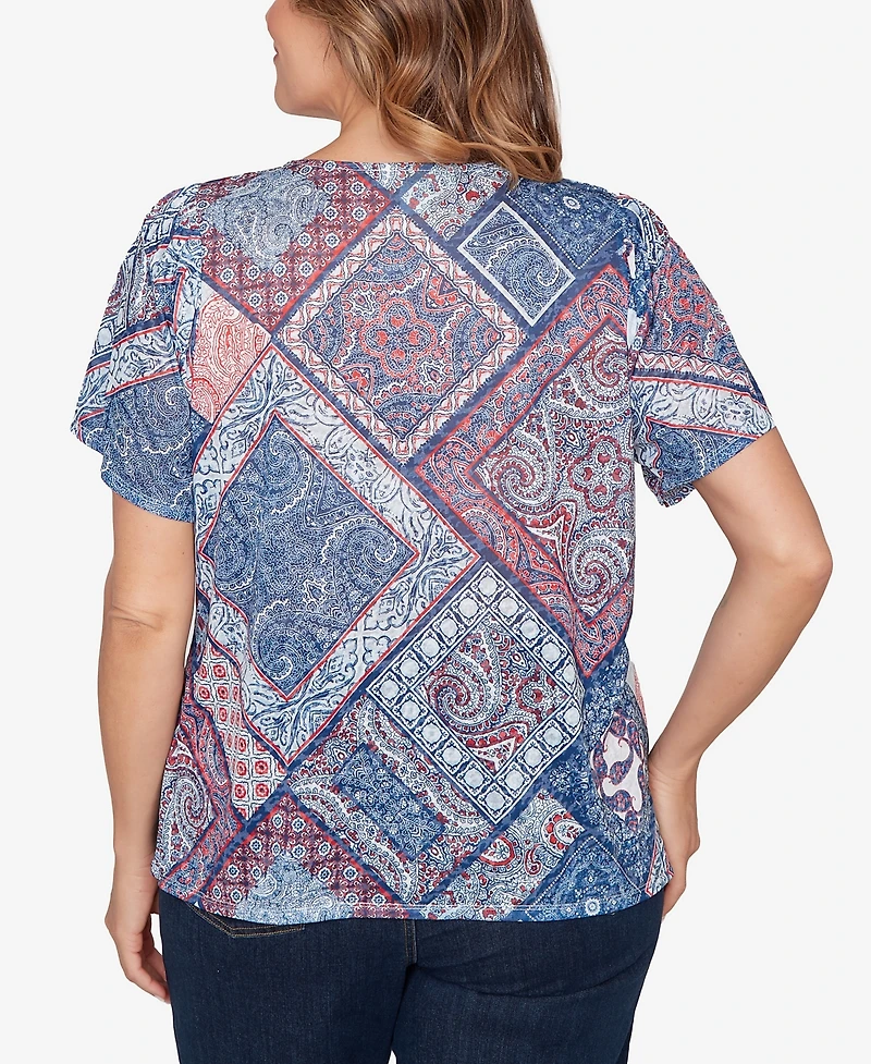 Ruby Rd. Plus Patchwork Shirred Crew Neck T-Shirt