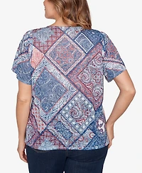 Ruby Rd. Plus Patchwork Shirred Crew Neck T-Shirt