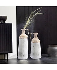 LuxenHome Set of 2 Distressed Off White and Rustic Brown Metal Pitcher Vase
