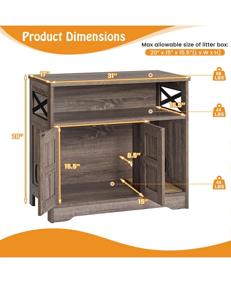 Gymax Cat Litter Box Enclosure w/ Storage Double Doors Sisal Scratching Mat Indoor