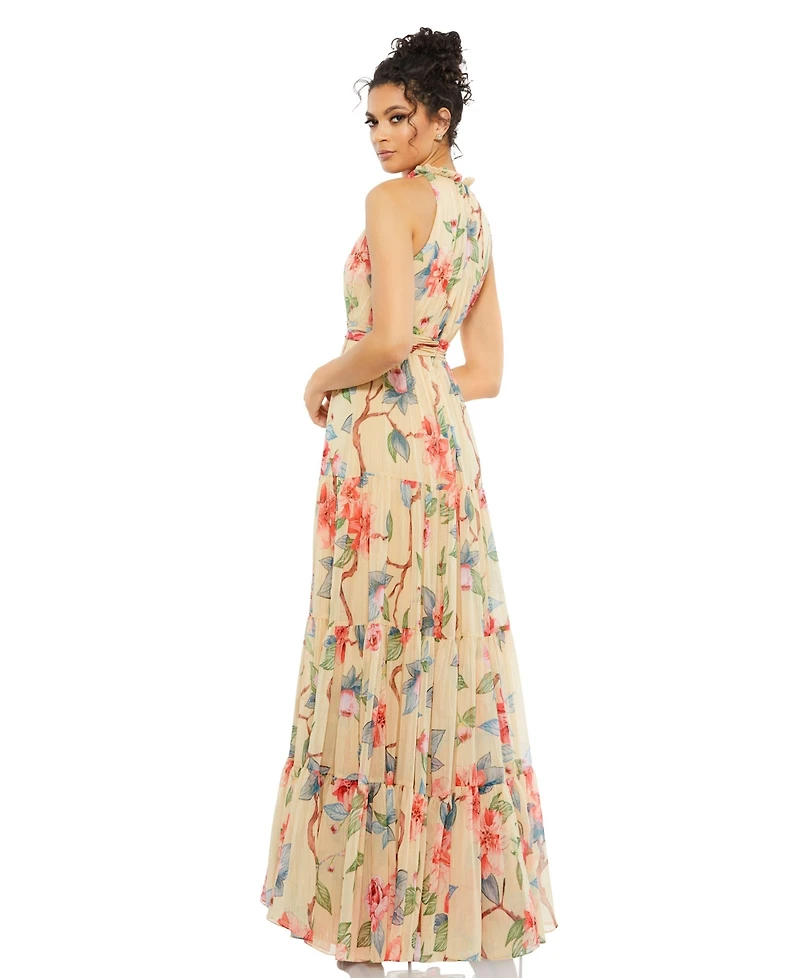 Mac Duggal Women's Floral Button High Neck Maxi Dress