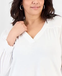 Style & Co Plus Smocked-Cuff Long-Sleeve V-Neck Top, Macy's Exclusive