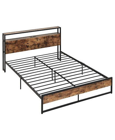 Gymax Industrial Platform Bed Frame with Charging Station Storage Headboard