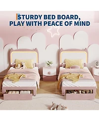 gaomon Twin Upholstered Led Bed Frame with Storage Drawer and Cat Headboard, Velvet Princess Platform Bed for Kids