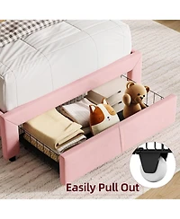 gaomon 2 Upholstered Bed for Kids, Velvet Platform Bed with Storage Bookcase Headboard, Large Drawer Easy Assembly