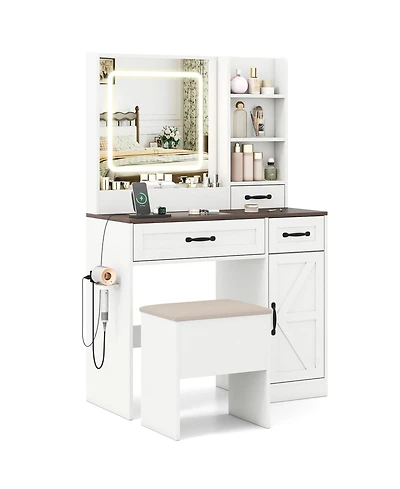Sugift Farmhouse Vanity Desk with Mirror and Built In Lights