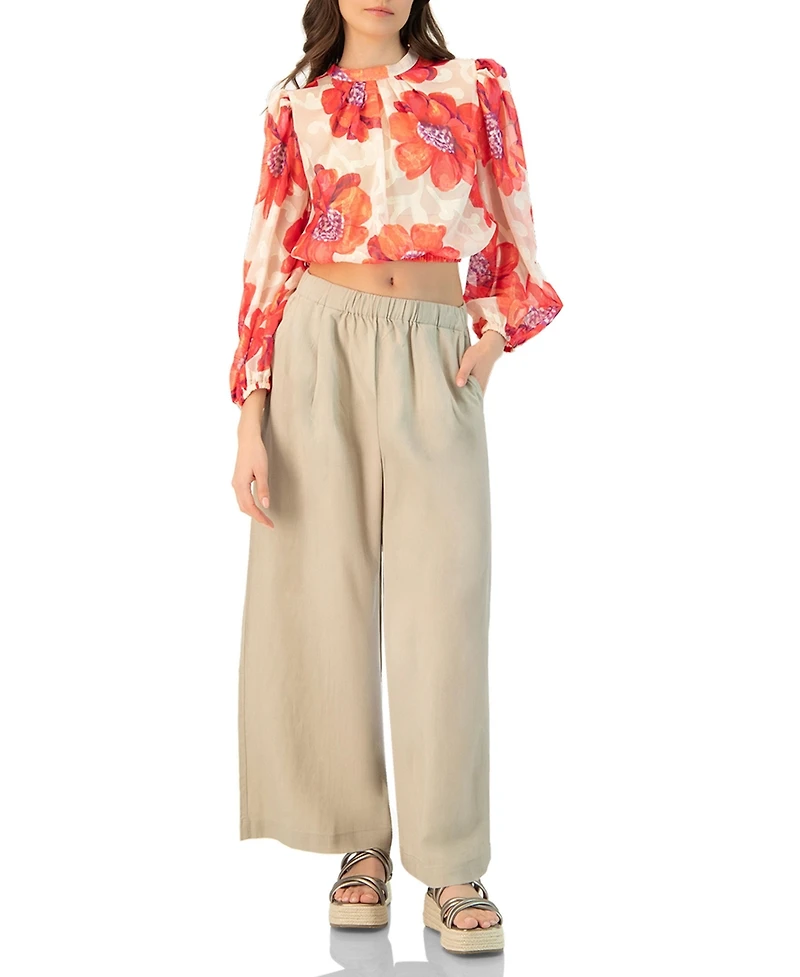 Ivonne Women's Shimmering Printed Blouse with Pleated Round Neck