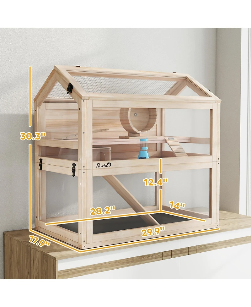 PawHut Wooden Hamster Cage, 3-Tier Small Animal Cage with Hut, Seesaw, Ramps