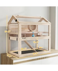 PawHut Wooden Hamster Cage, 3-Tier Small Animal Cage with Hut, Seesaw, Ramps