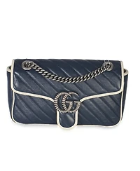 Pre-Owned Gucci Navy White Calfskin Matelasse Diagonal Torchon Medium Gg Marmont Bag