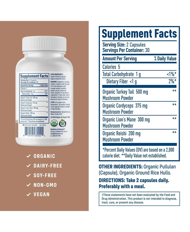 NativePath Mushroom Complex - Lions Mane, Turkey Tail, Cordyceps and Reishi - Immune Support and Brain Health - Usda 60 Caps