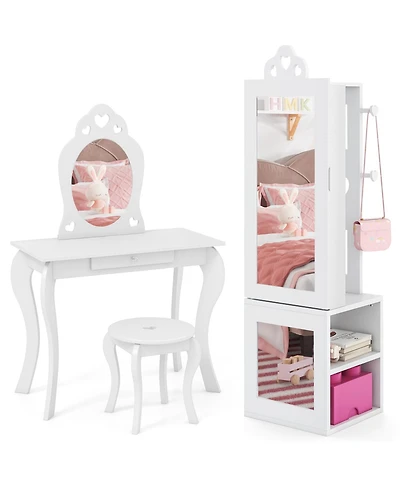 Sugift Princess Vanity Table and Stool Jewelry Armoire with Mirror