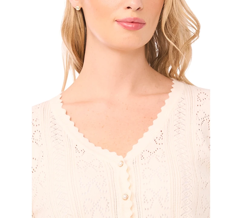 CeCe Women's V-Neck Pointelle Cotton Cardigan Sweater