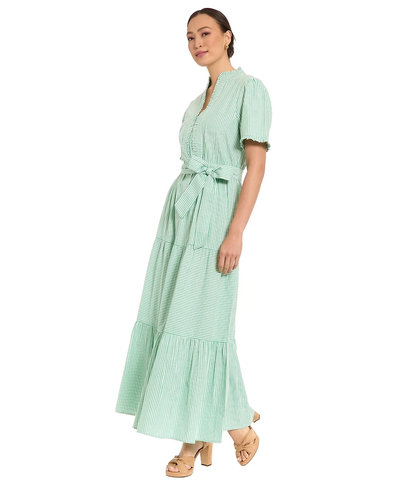 London Times Petite Fit & Flare Slit Neck Tiered Maxi Dress
