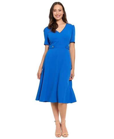 London Times Petite Short-Sleeve V-Neck Midi Dress