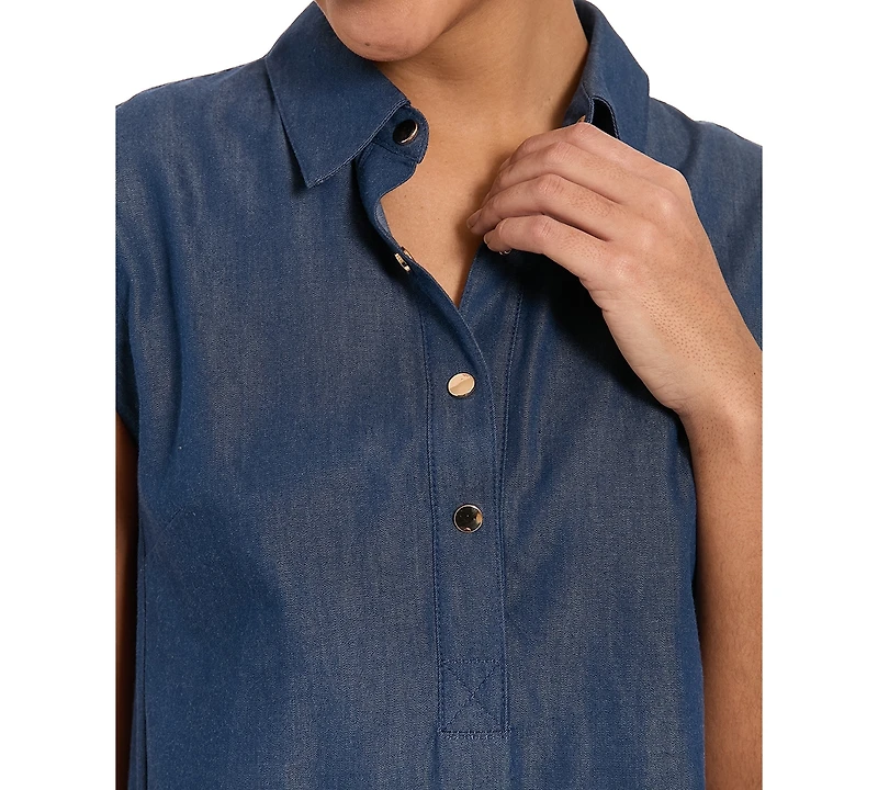 London Times Petite Cap-Sleeve Collared A-Line Dress