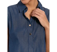 London Times Petite Cap-Sleeve Collared A-Line Dress